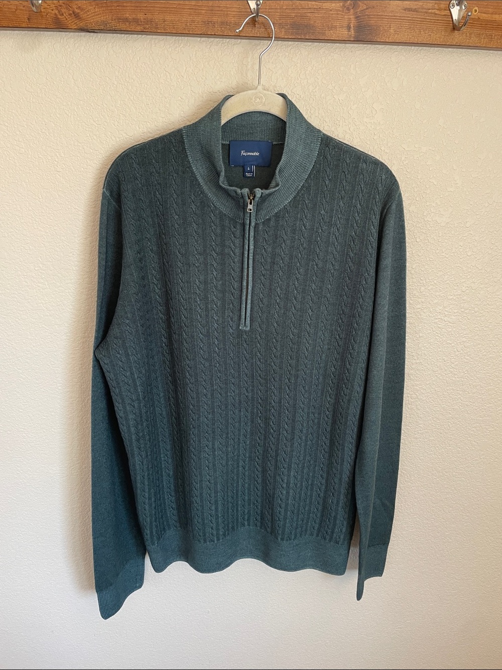 Faconnable Men's Wool Cable-Knit Half-Zip Sweater L Forest Green Preppy Academia